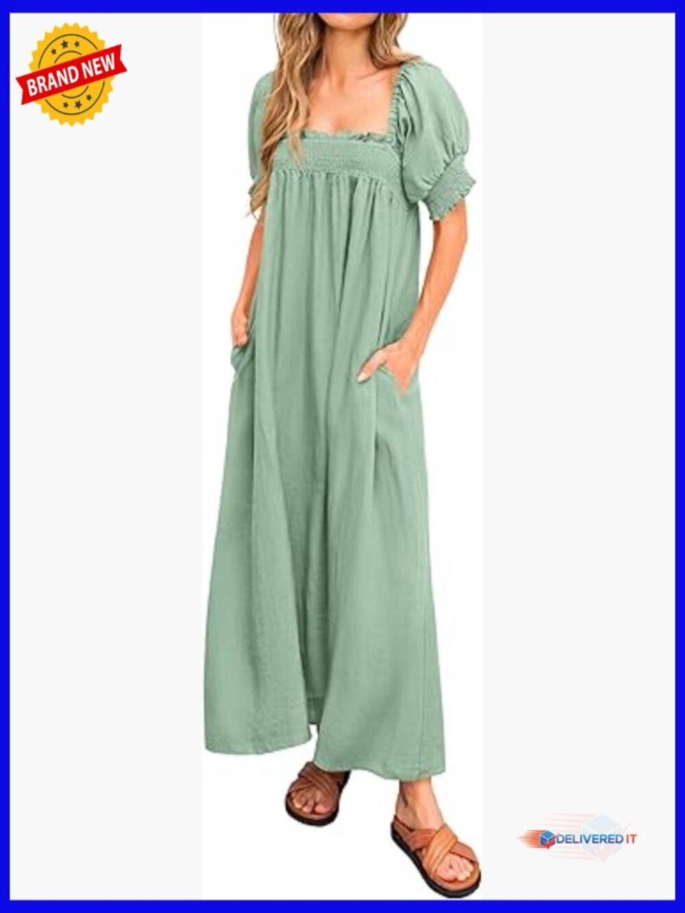 Maxi Dress with Pockets Square Neck Puff Sleeve Flow